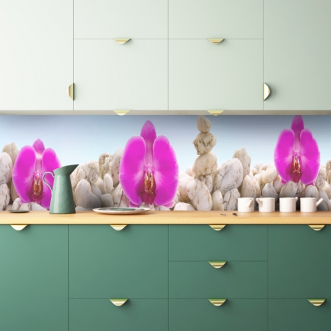 Küchenrückwand Orchideen Kieselsteine