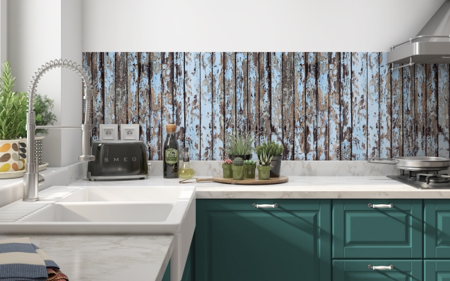 Küchenrückwand Blau Braun Holzbalken