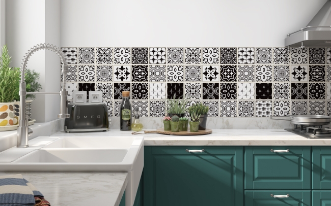Küchenrückwand Black White Talavera Tile