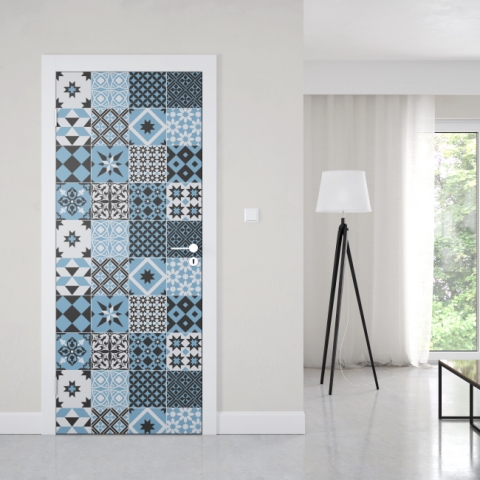 Türposter Blaue Retro Patchwork Maßanfertigung