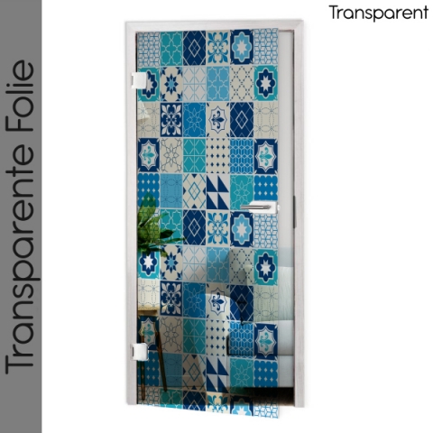 Glastür Folie Blau Weiß Patchwork Maßanfertigung