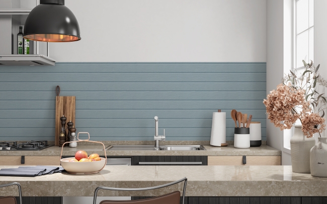 Küchenrückwand Graublau Holzpaneele