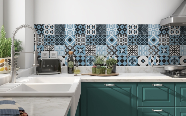 Küchenrückwand Blaue Retro Patchwork