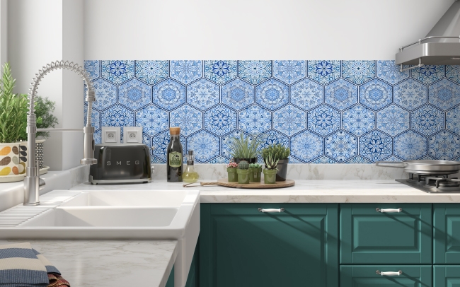 Spritzschutz Küche Blaue Hexagon Patchwork