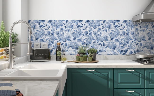 Spritzschutz Küche Blaue Hortensien