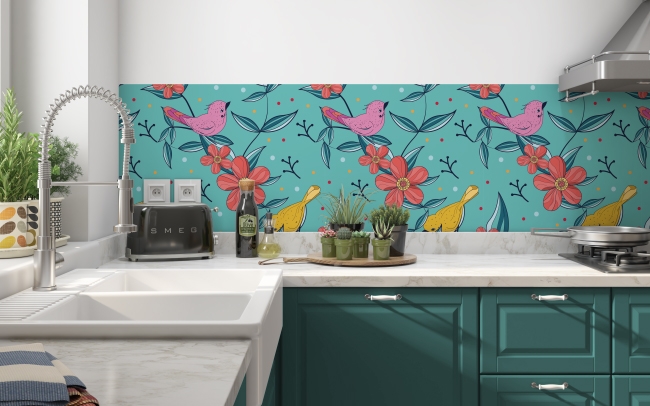 Küchenrückwand Mint Blüten Vogel